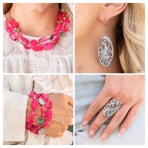 Paparazzi Jewelry Set Pink Silver Necklace Earrings Bracelet Ring New